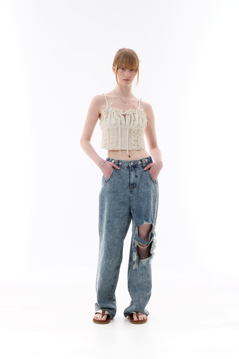 CHARMING DAMAGE WIDE DENIM PANTS