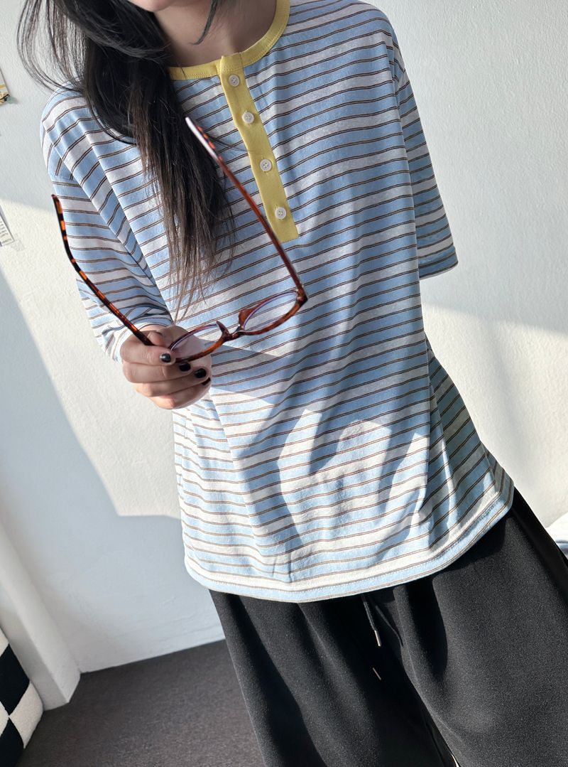 Yuria Cooling Stripe Henley Tee 3color