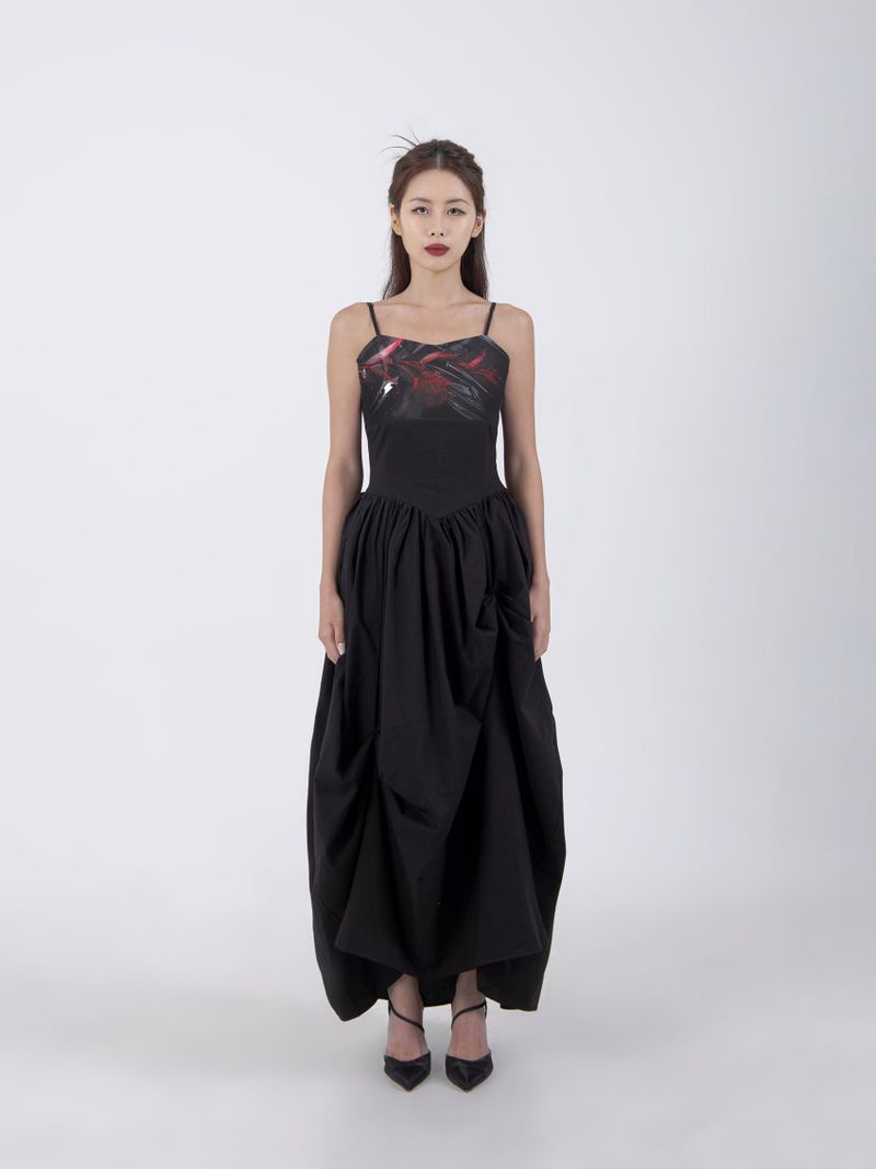 UNBALANCED SHIRRING LONG DRESS