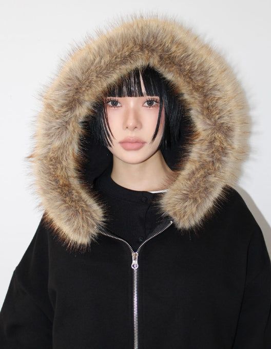 (Lining Brushed) STARRY FUR HOOD ZIP-UP