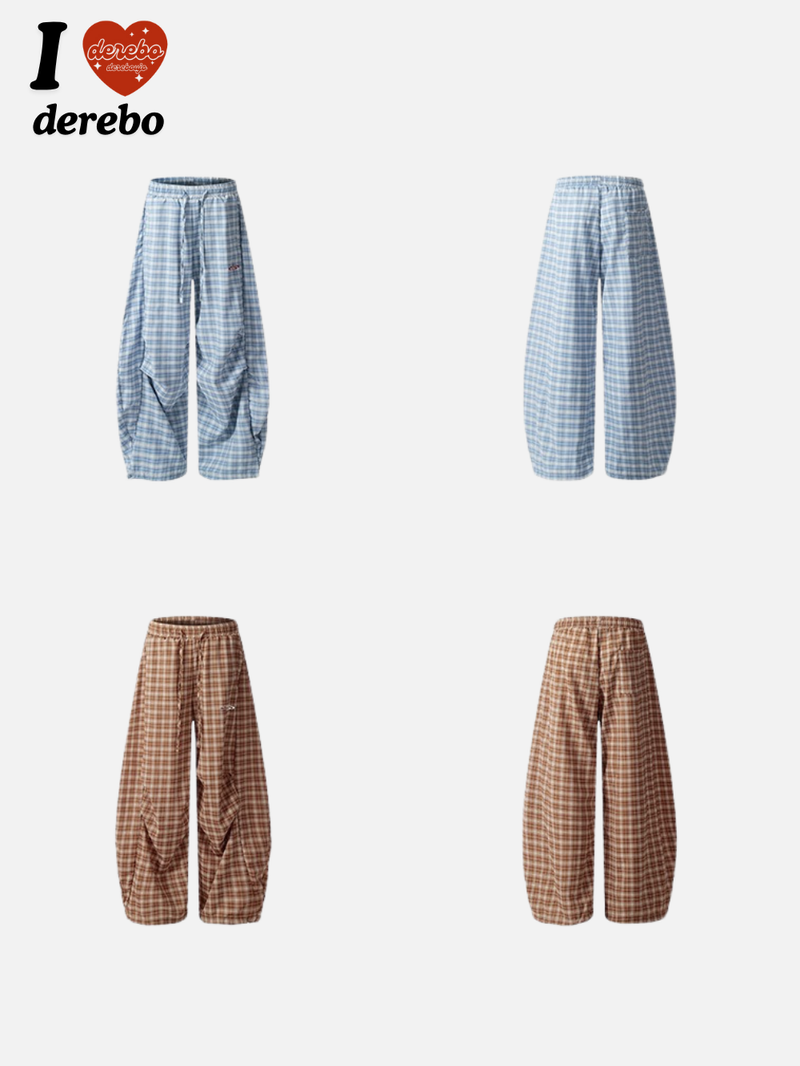 Blue checkered banding wide pants