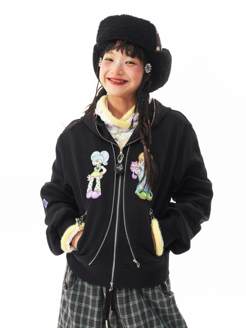 sillysis 黒のかわいい女の子イラスト、両頭金属ジッパー構造感スウェットパーカー