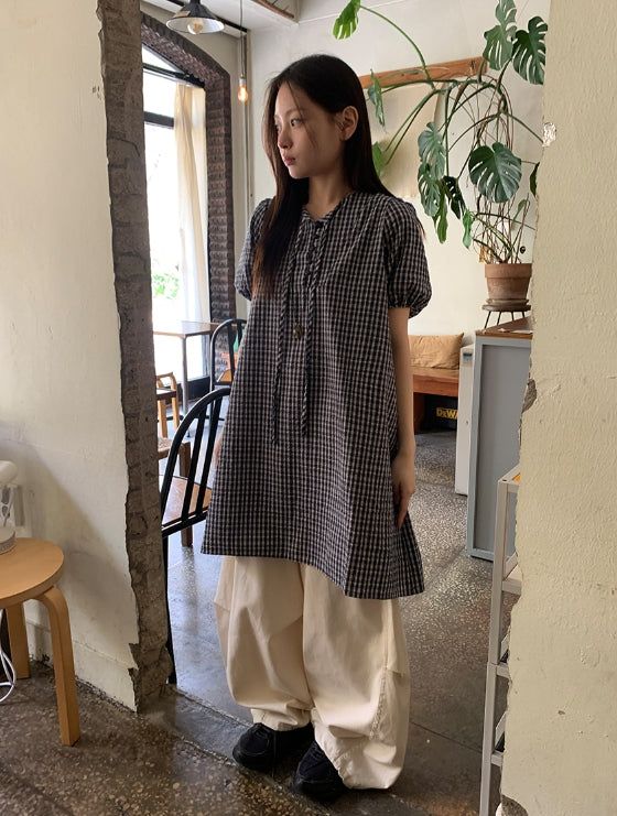 Zimo Check Button Puff Short Sleeve One Piece