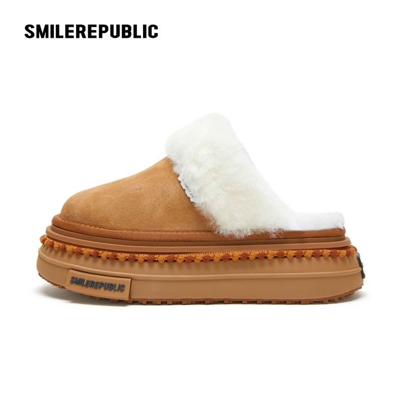 SMILEREPUBLIC（スマイルリパブリック）の「Almond Tan Furry Trim Platform Mule Slippers, Closed Toe Winter Shoes（Shoes）」
