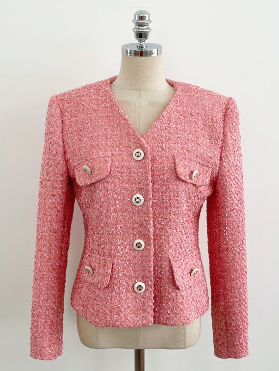 Bowl Check V-Neck Pearl Tweed Jacket