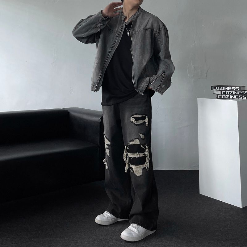 Gray Damage Black Jeans Jacket (D784205639992)