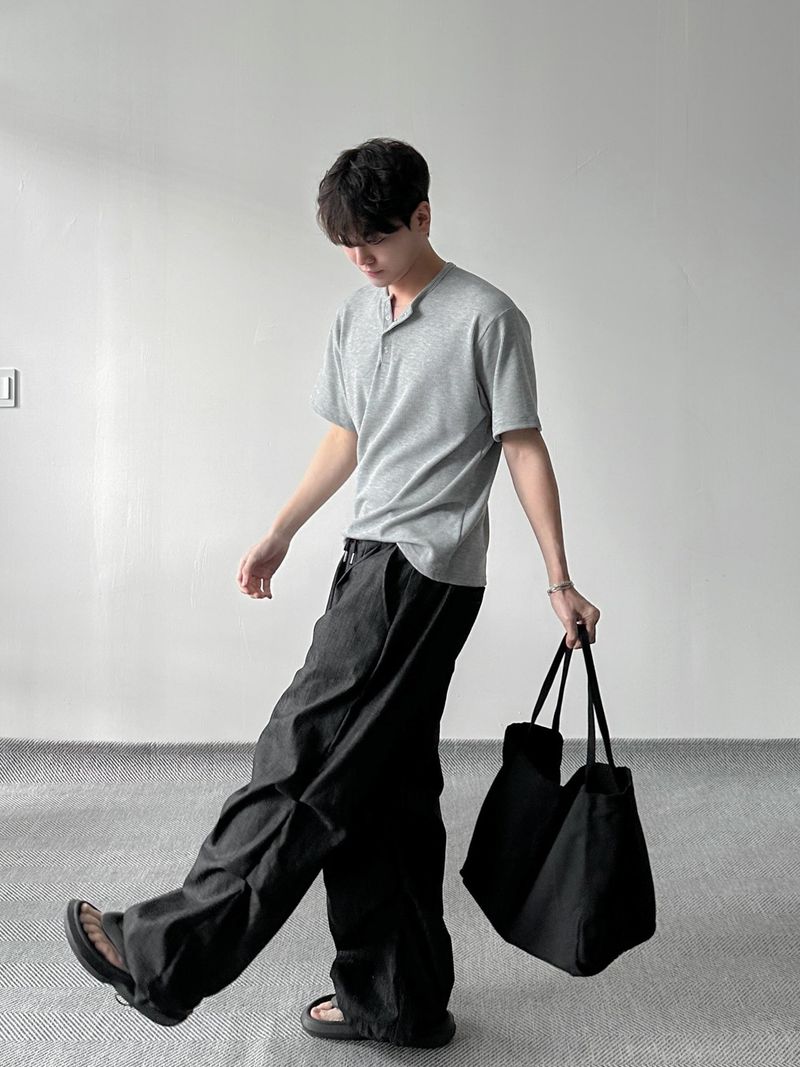ワッフルヘンリーネックハーフTシャツ