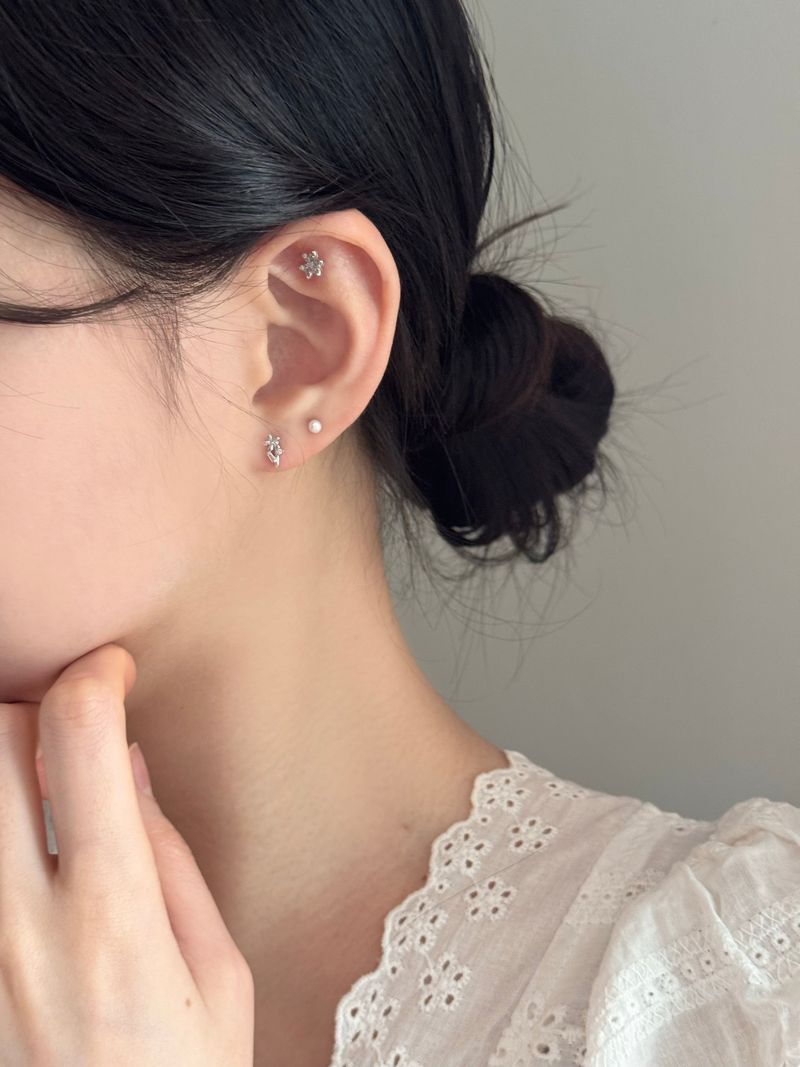 [3 set] spring flower earring set / 2 color / cubic pearl spring simple daily mini 