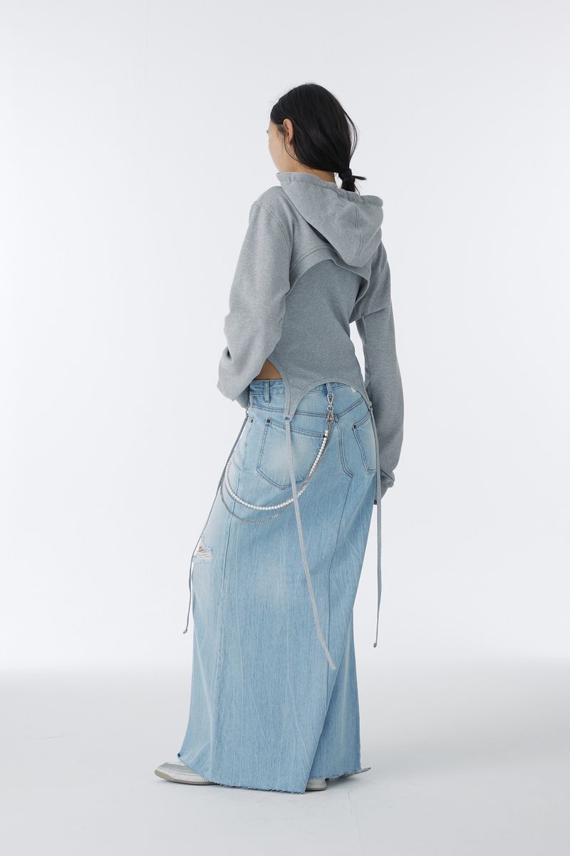 DAMAGED LONG DENIM SKIRT (BLUE)