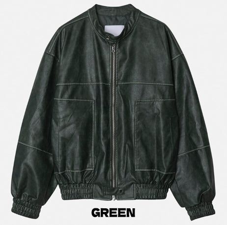 Metel non-collar leather jacket