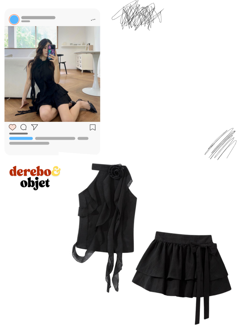 black rose frill halter neck skirt two-piece