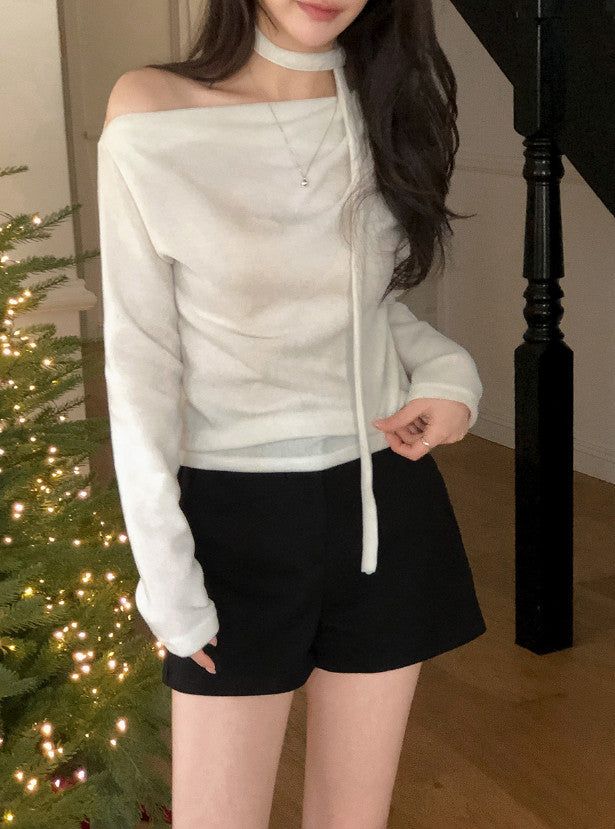 Drape One Shoulder Warm Knit +Tie Set (5color)