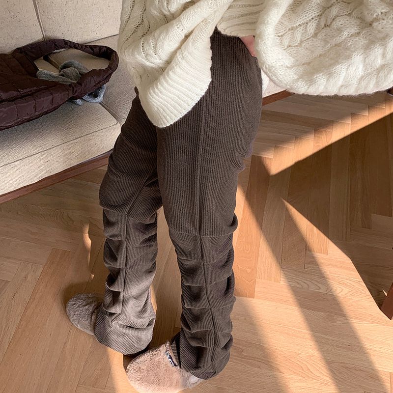 Felson ribbed layered pleated shirring slim long pants