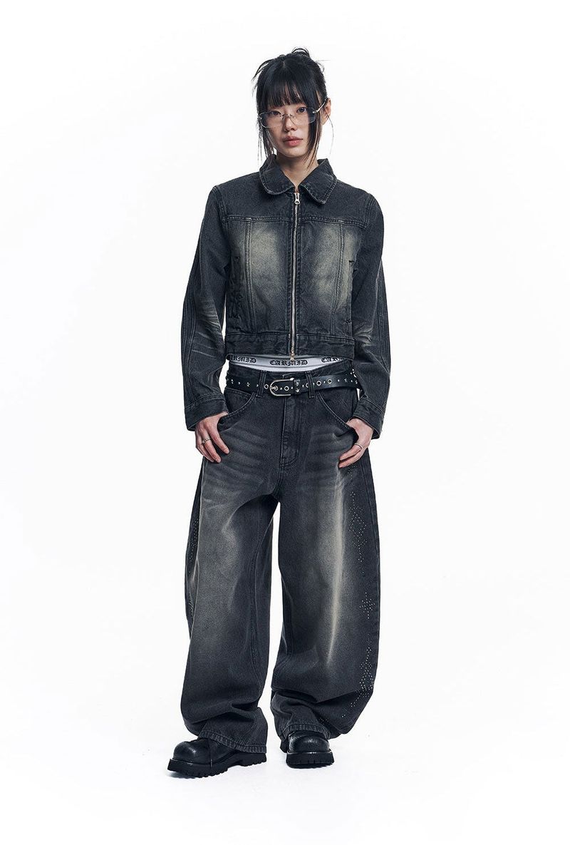 Washed Crop Track Denim Jacket - Black