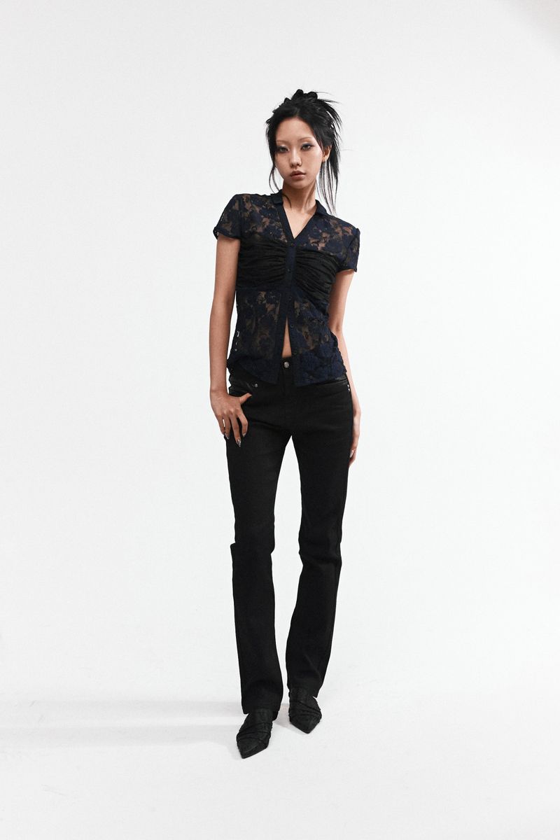 LACE SHIRRING SHIRT #NAVY&BLACK