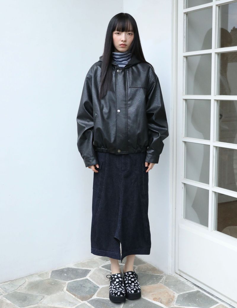 VEGAN LEATHER HOODED JACKET(BLACK)