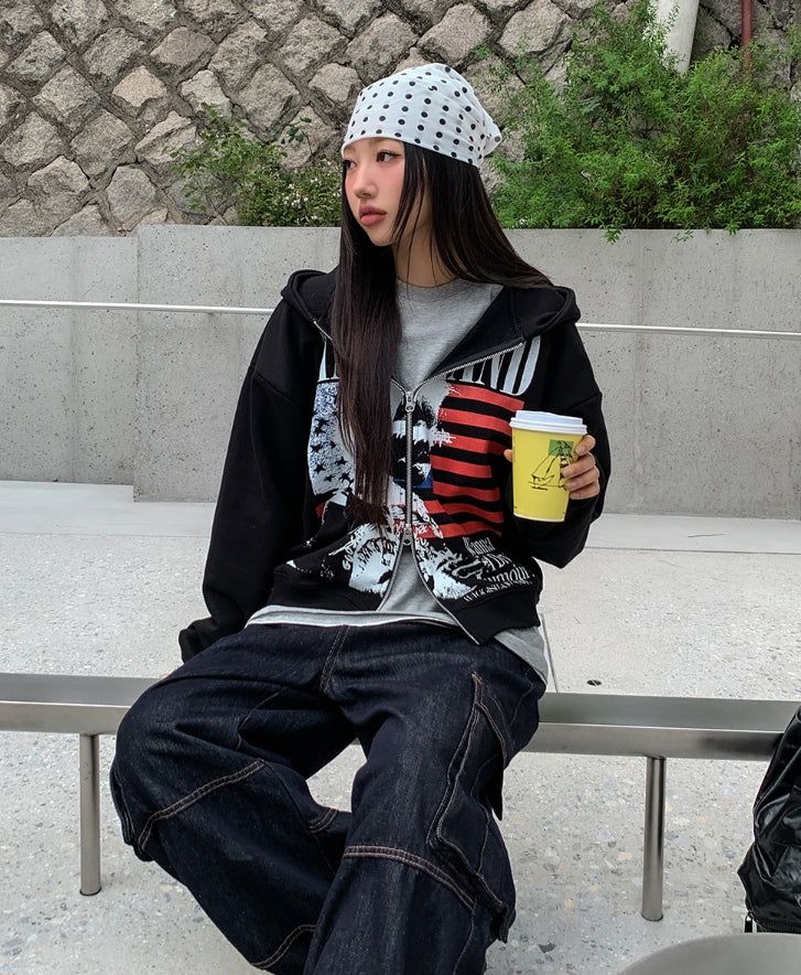 Land Stars and Stripes Two-Way Semi-Crop Hooded Zip-Up