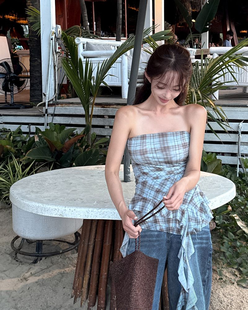 Revue check ruffle top