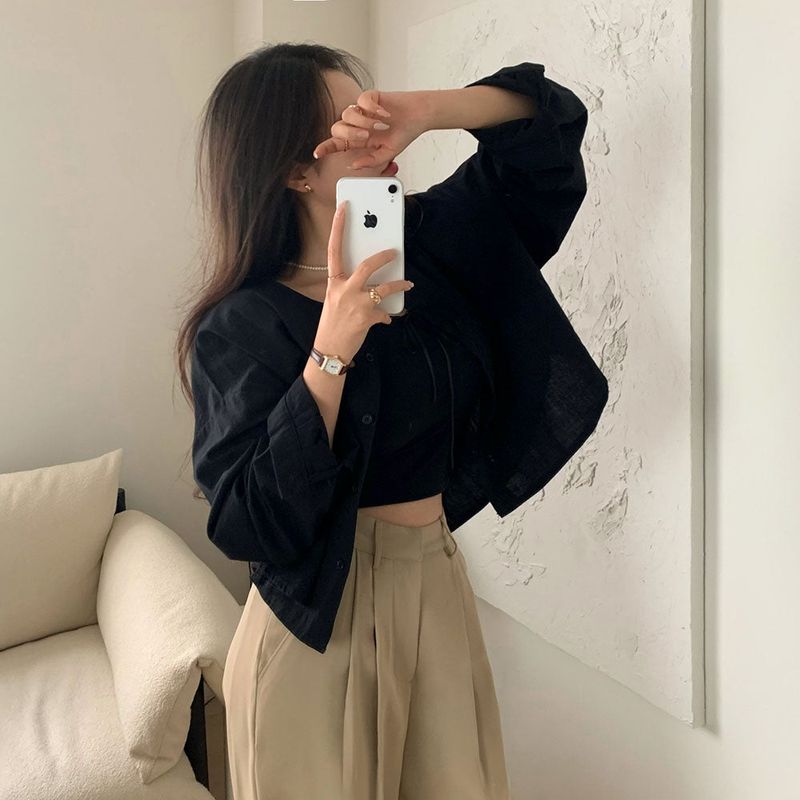 [BELLIDE MADE] loose-fitting collarless cotton shirt