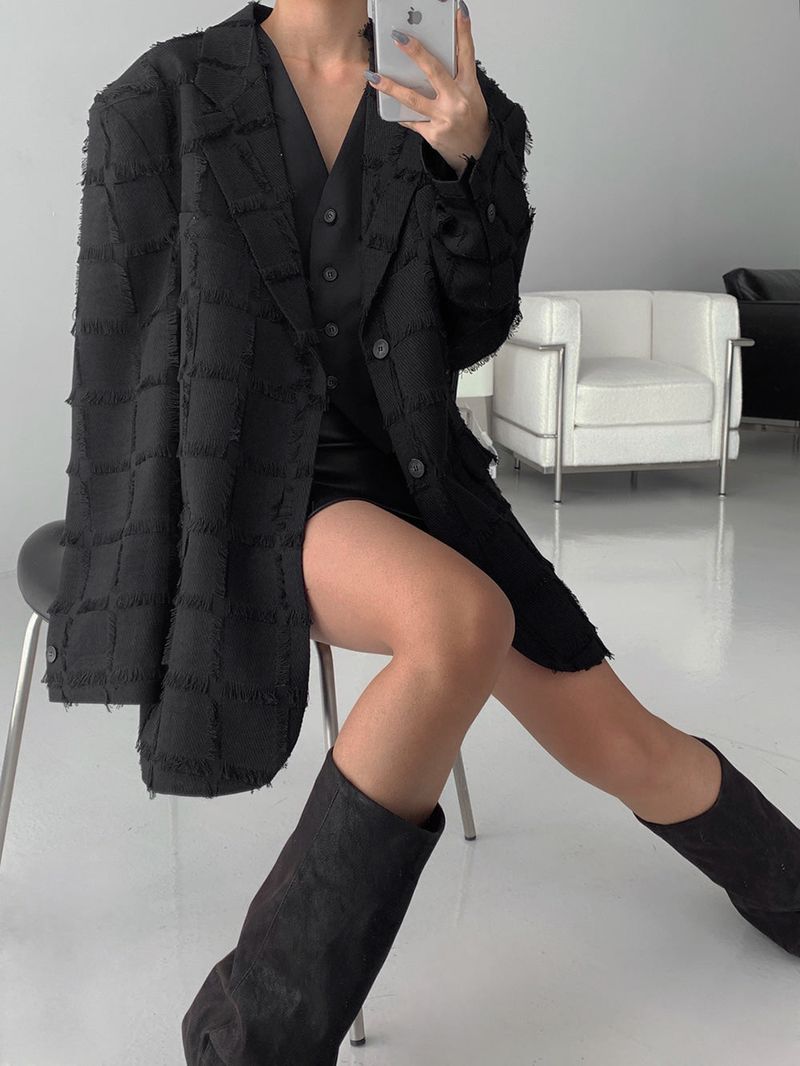 Pleddy Fringe Check Blazer (2color)