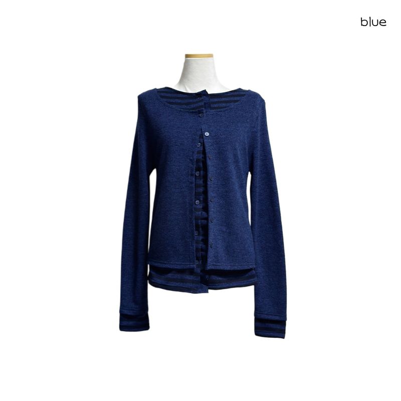 (3color) Ruffle Stripe Layered Cardigan