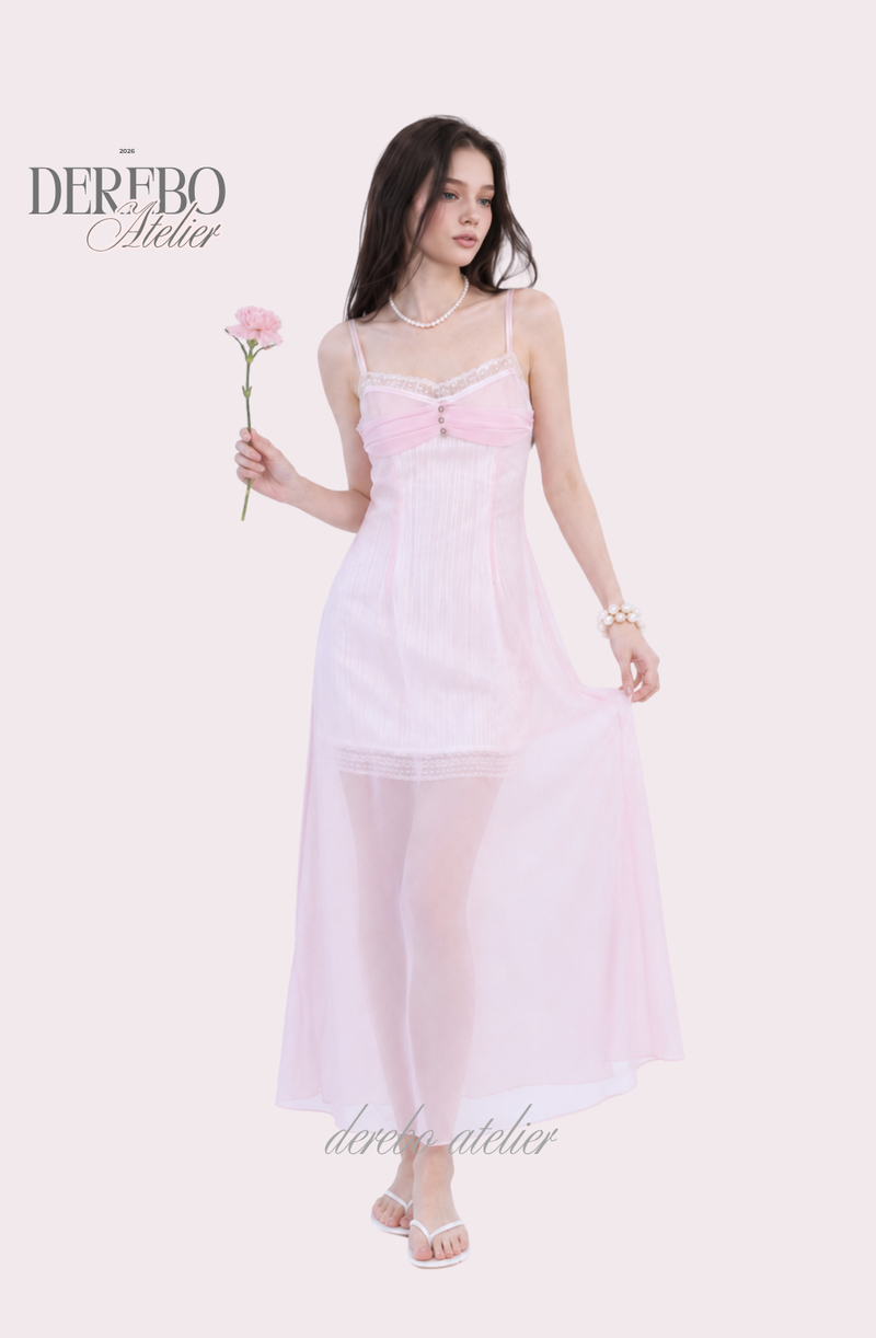 Pink chiffon see-through long dress