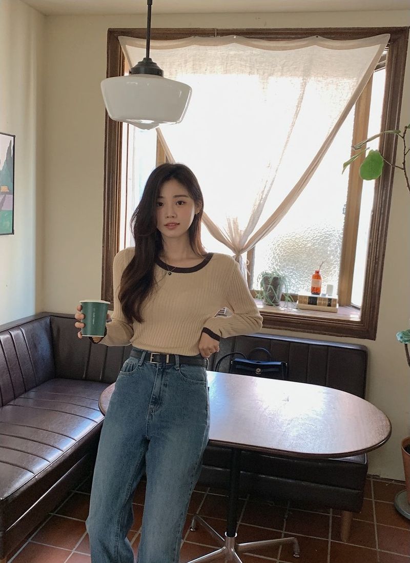 Slim Two Tone U-neck Rib Knit (6color)