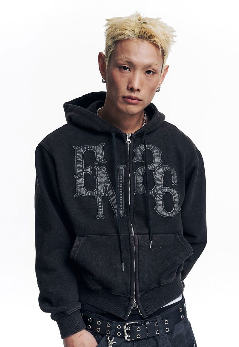 Washed Leather Patch Hooded Zip-Up - Black