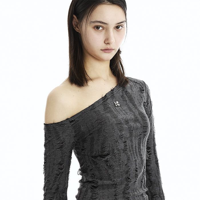 Holy Symbol Ripped Off-shoulder Top_charcoal
