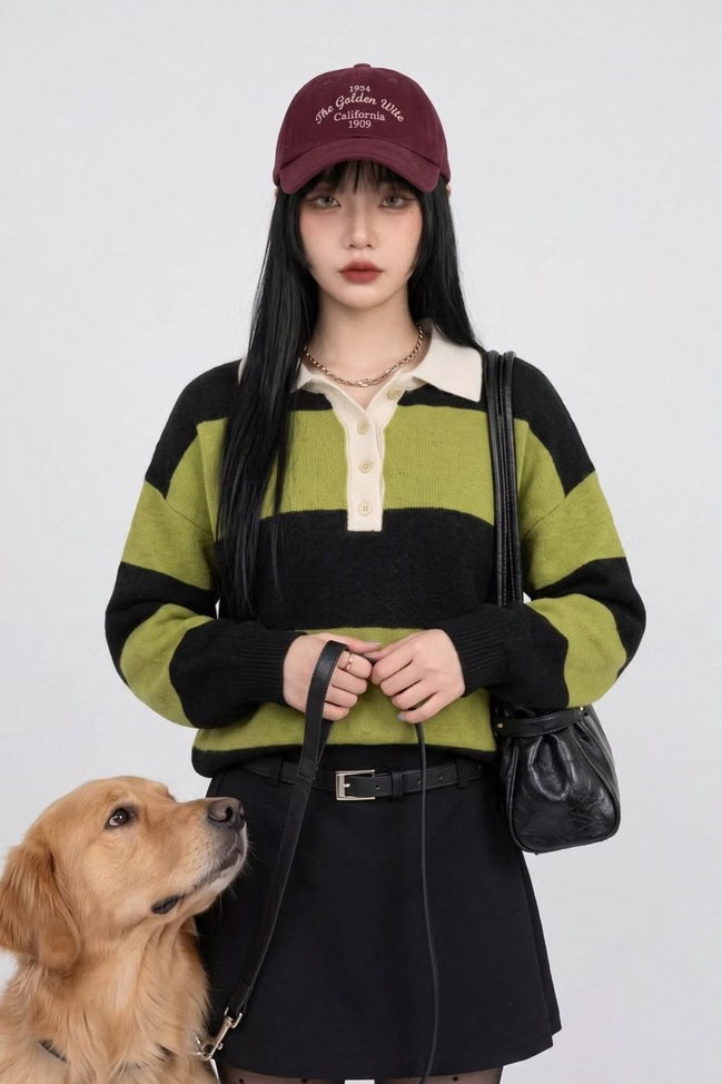 RUGBY STRIPED POLO SWEATER (5COLORS!)