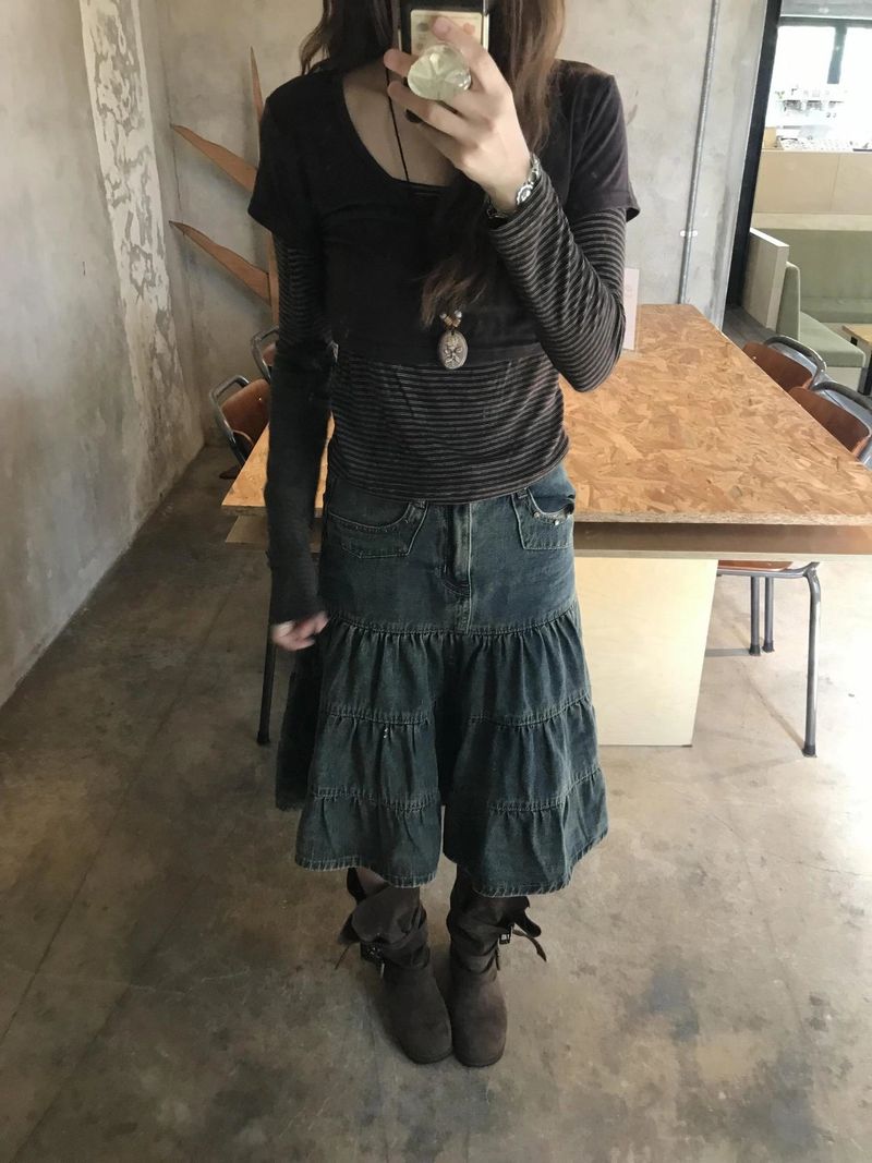 sear denim tiered skirt