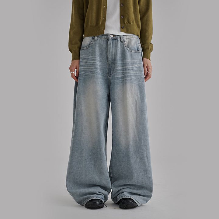 [Made/4 Sizes] Rinto Brush-Washed Wide Denim Pants - 3 Colors