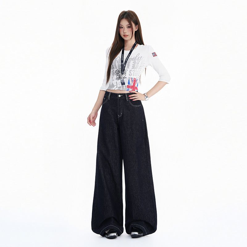 Dark Blue Washed Studded Wide-Leg Jeans