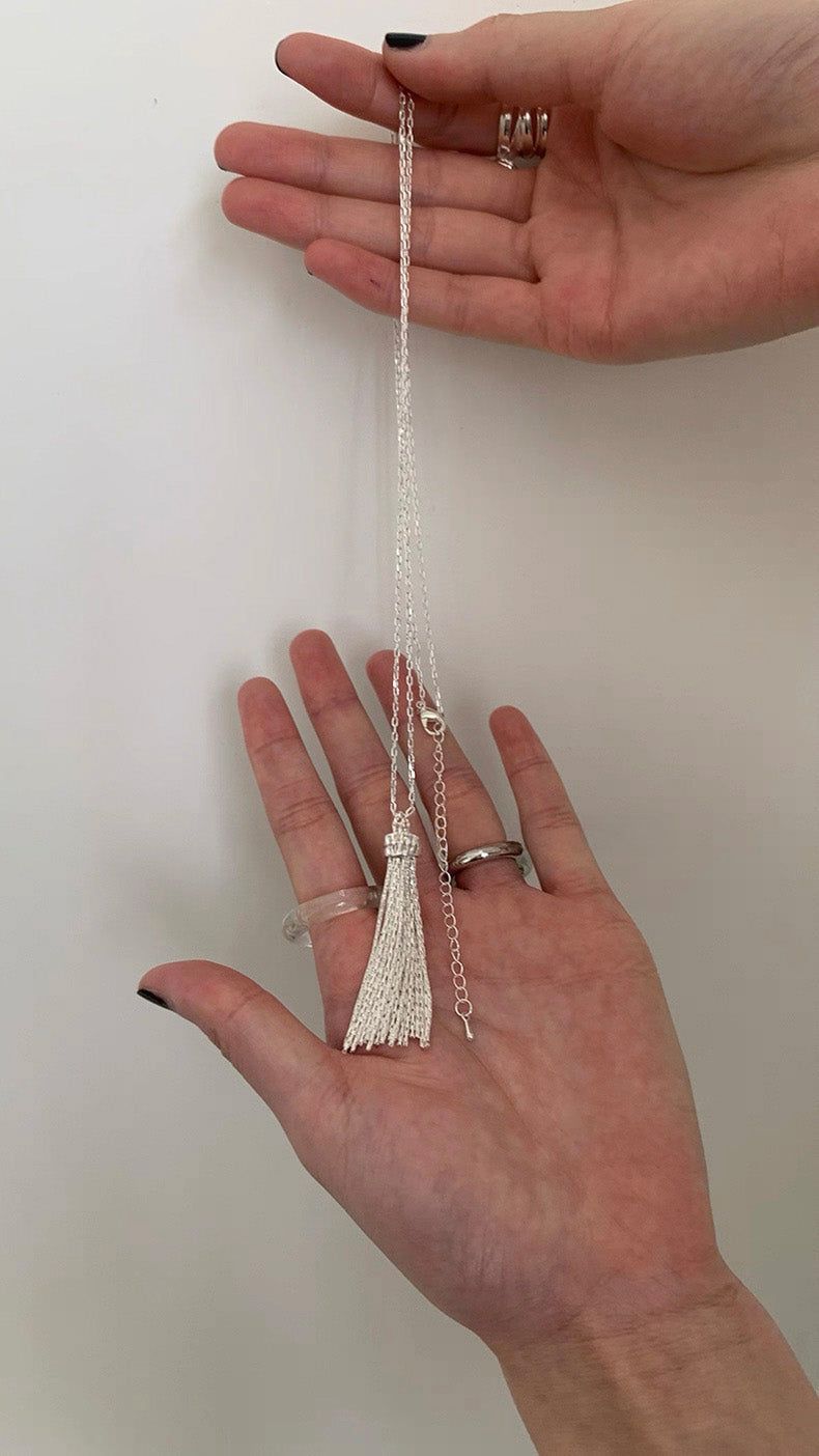 Silver tassel long layered necklace