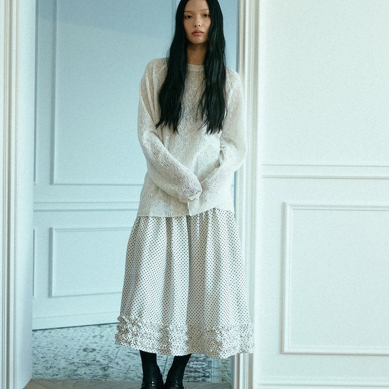KOOKEESEE(クキシ)の「Vicky Frill Long skirt (dot white)(Skirts)」