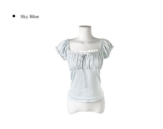 デトシャーリングハートネックレースリボン半袖Tシャツ