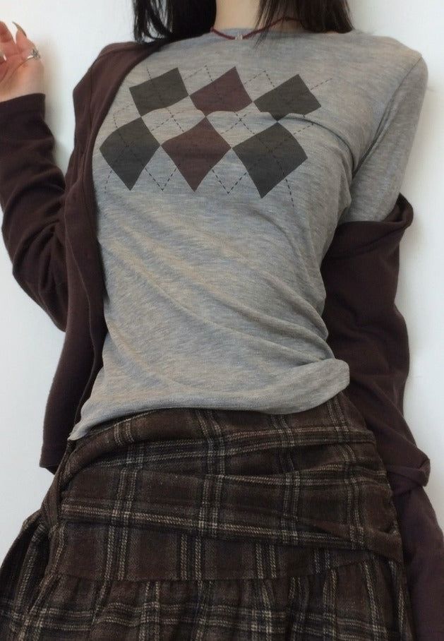 Argyle See-Through Long Sleeve T-Shirt
