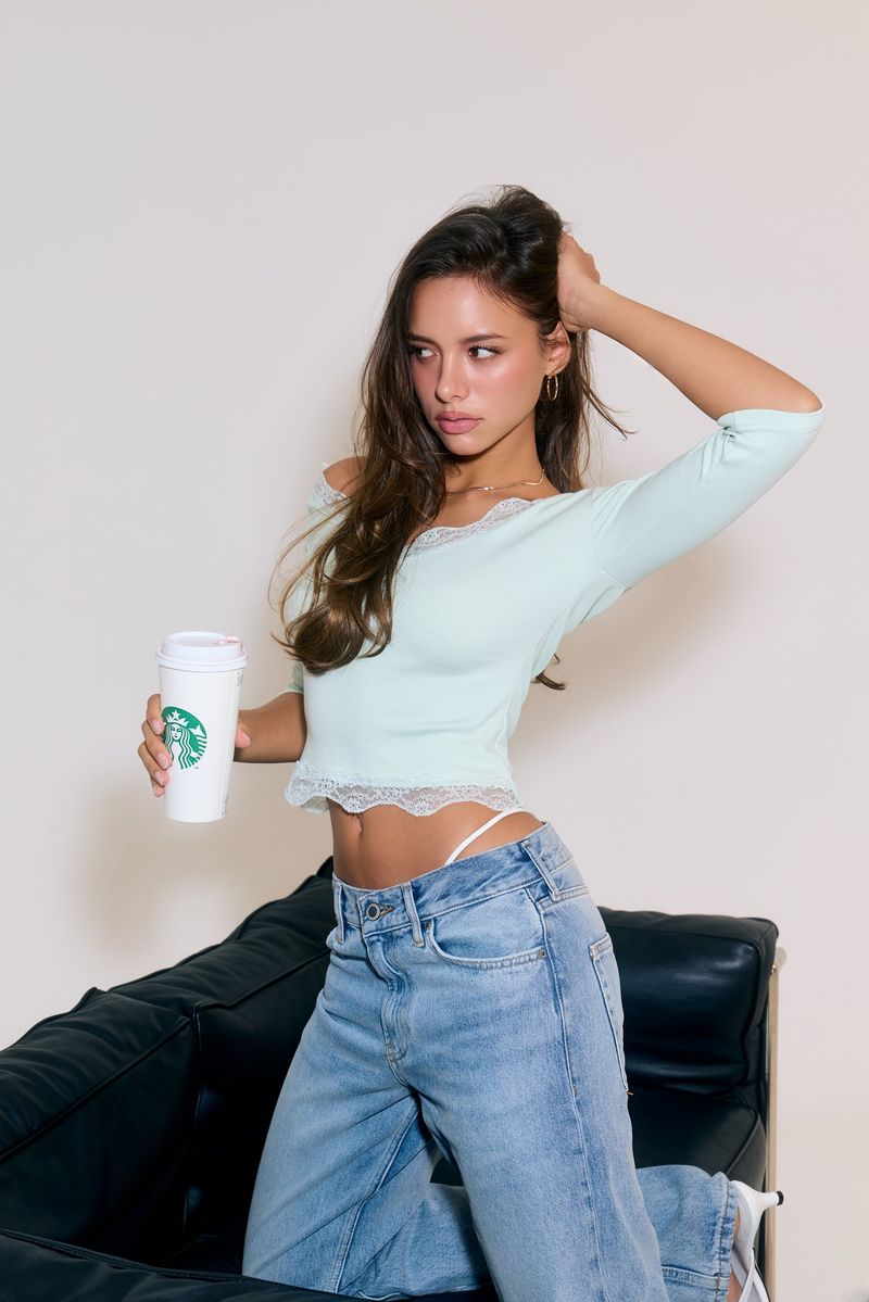 Sweetie Lace Trim 3/4 Sleeve Tee (Cream Mint)