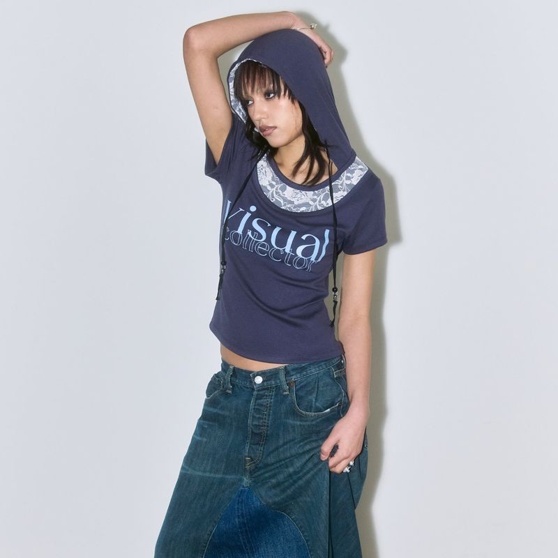 Rose Lace Bead Hood Tee [Charcoal]
