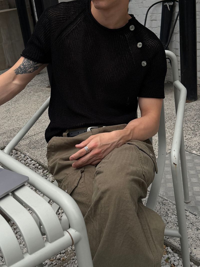 Linen side button half knit(3color)
