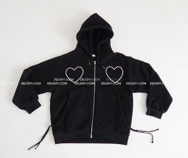 Wool napping heart wrinkle shirring hooded zip-up