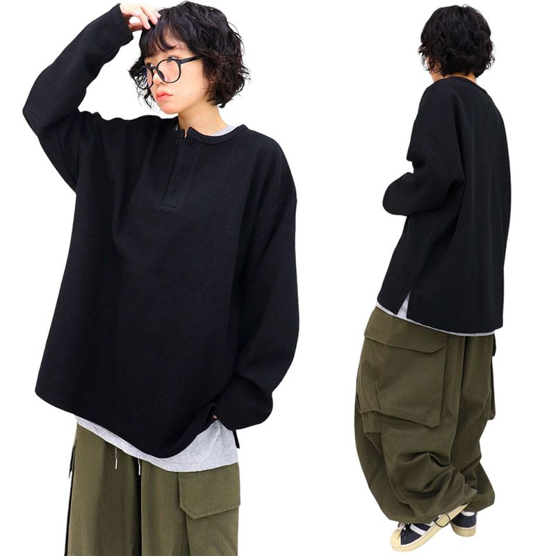 Over Waffle Henley Neck Long Sleeve Tee