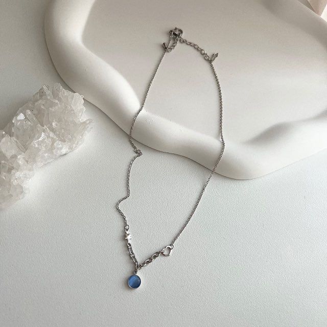 bi Surgical Steel Blue Cats Eye Coin Heart Kitch Necklace