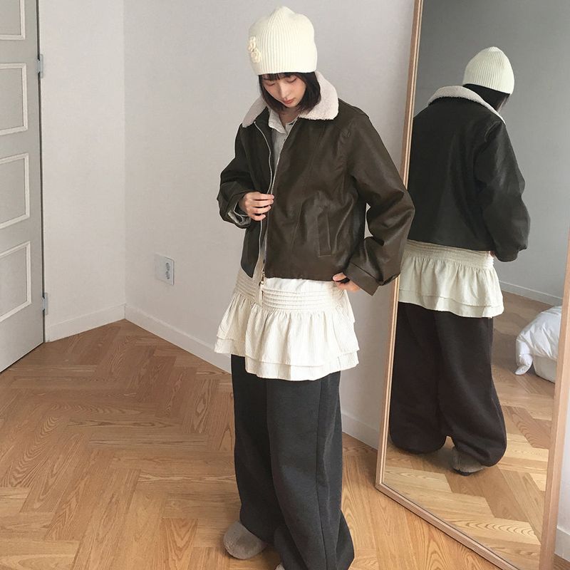 Zizhen wool loose fit leather suede jacket