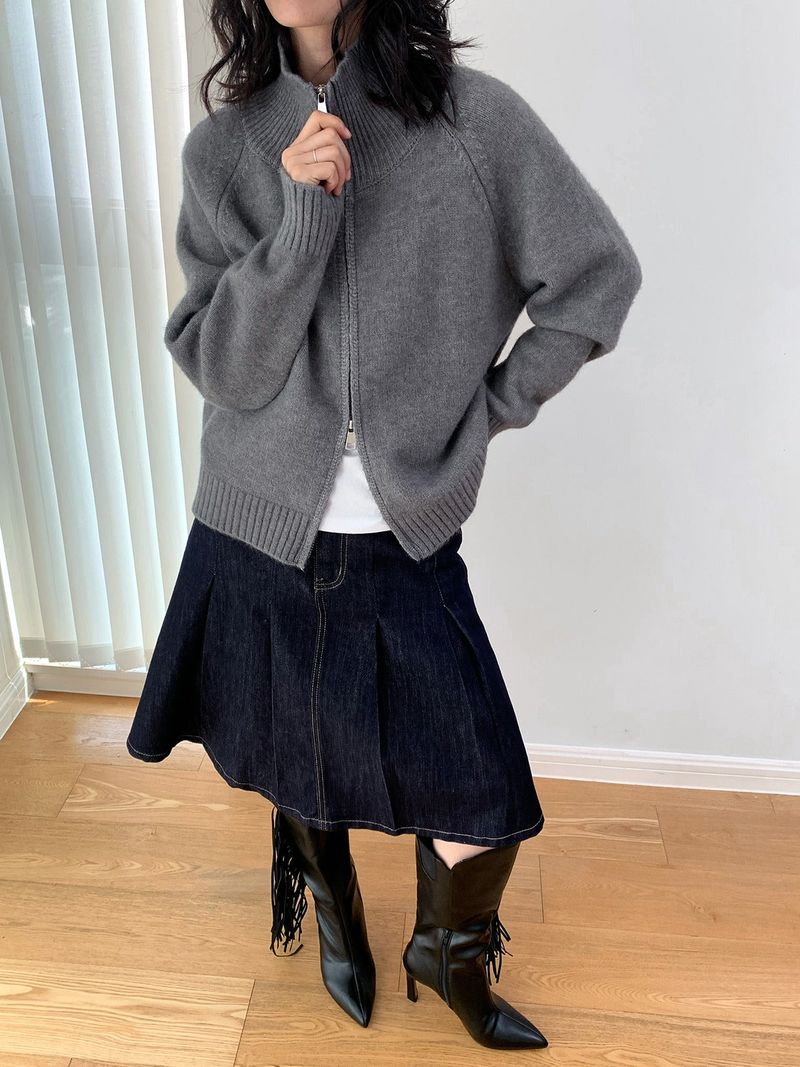 Stand Collar High Neck Zip-Up Long Sleeve Knitwear