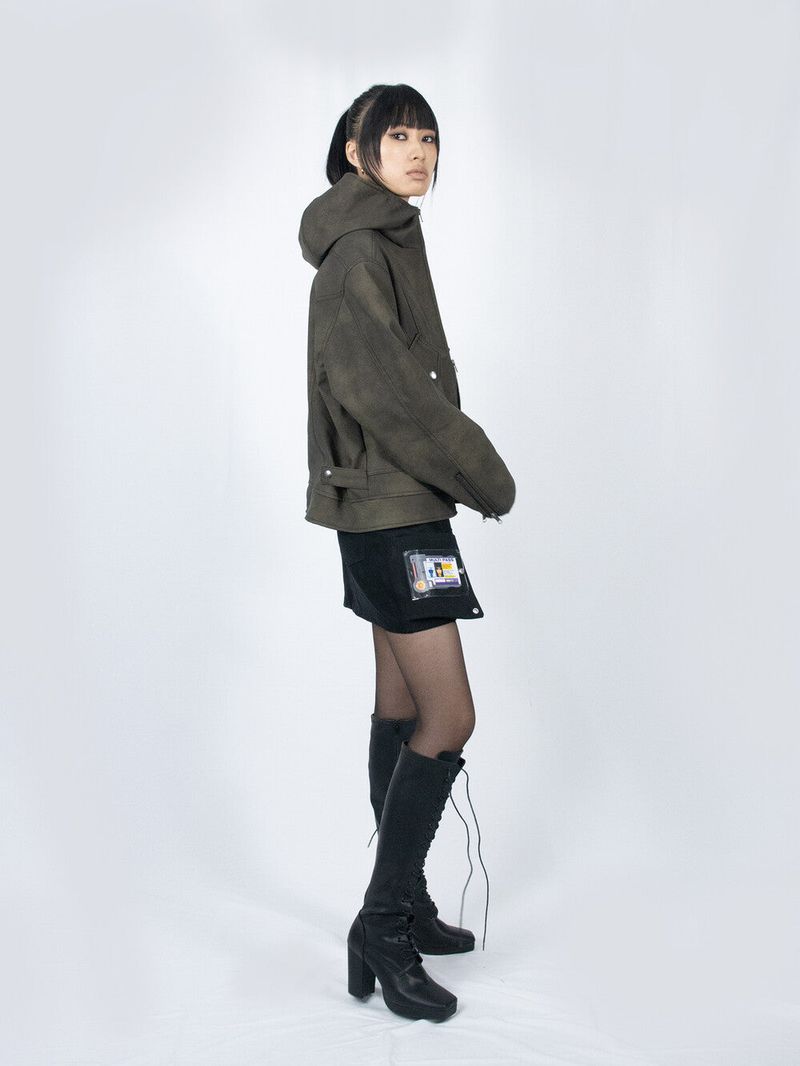 Curved Hood Leather Jacket (Khaki Black)