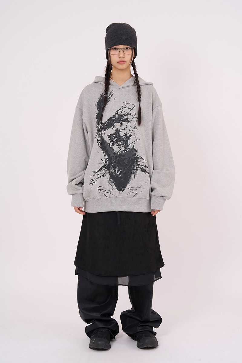 Drawing face non-pocket hoodie