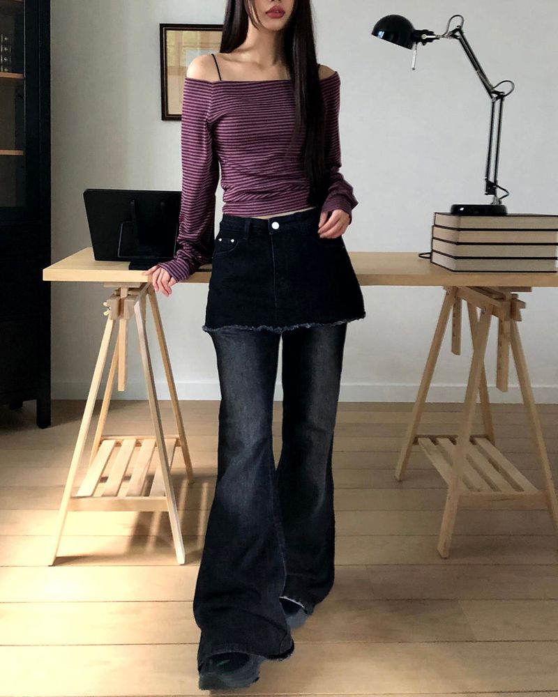 Kirrit Pocket Bootcut Washed Denim Skirt-Pants