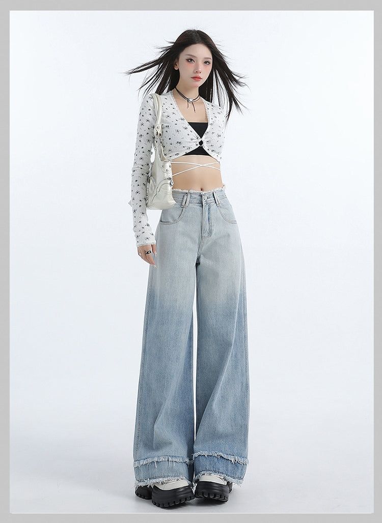 Gradient Blue Raw-Edge Wide-Leg Denim Pants