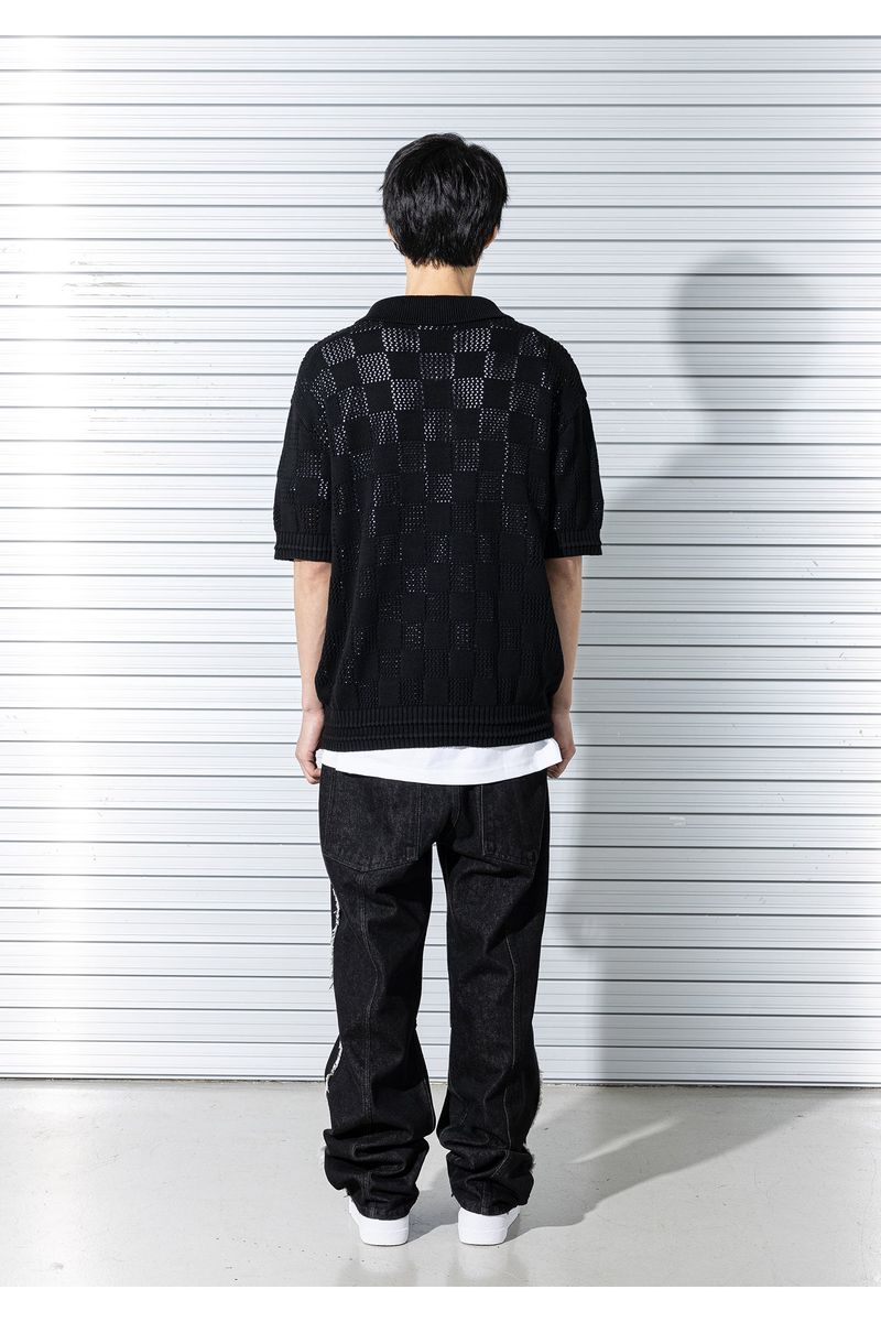 CHECKERBOARD MESHED KNIT HALF SHIRTS